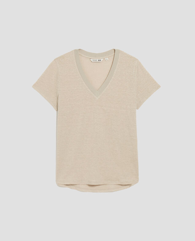 SARAH - T-Shirt mit V-Ausschnitt aus Leinen J020 beige lining