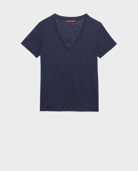 SARAH - T-Shirt mit V-Ausschnitt aus Leinen 4232 maritime blue 3ste082f05