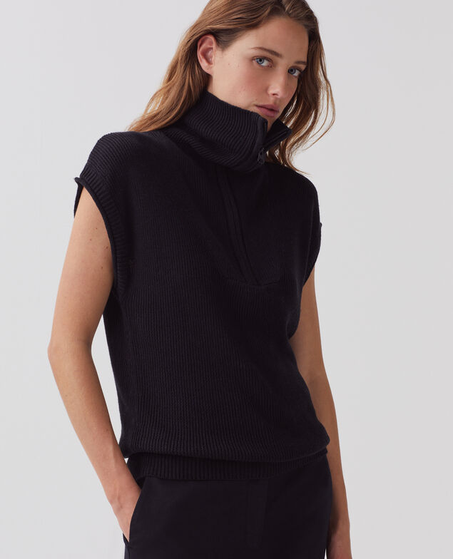 Ärmelloser Pullover mit Reißverschlusskragen aus Leinen H091 black beauty