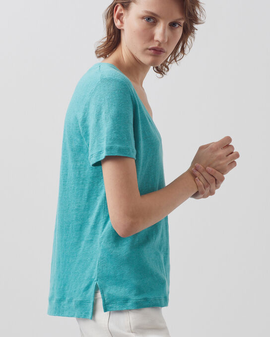 SARAH - T-Shirt mit V-Ausschnitt aus Leinen 0611 PAGODA BLUE BLUE