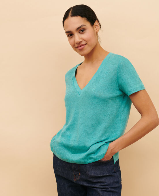SARAH - T-Shirt mit V-Ausschnitt aus Leinen 0611 PAGODA BLUE BLUE