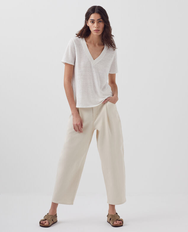 SARAH - T-Shirt mit V-Ausschnitt aus Leinen H001 brillant white
