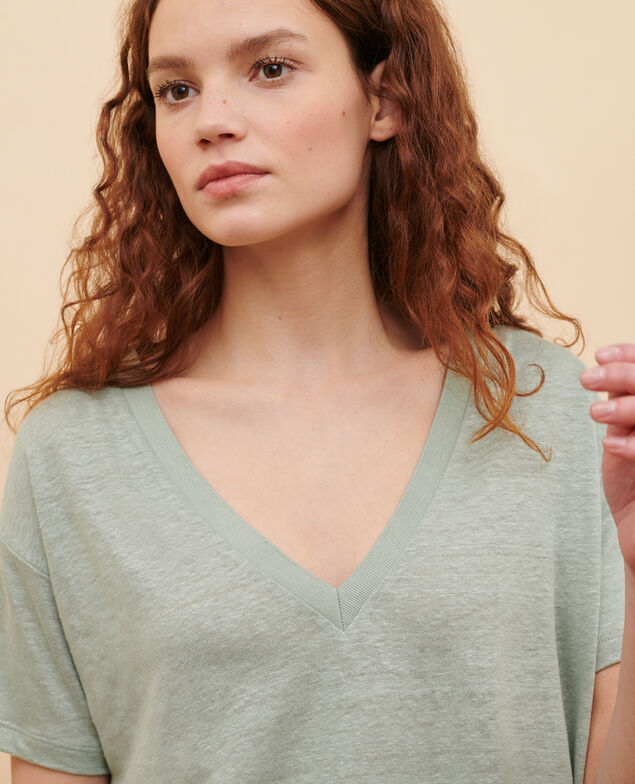 SARAH - T-Shirt mit V-Ausschnitt aus Leinen 54 green Locmelar