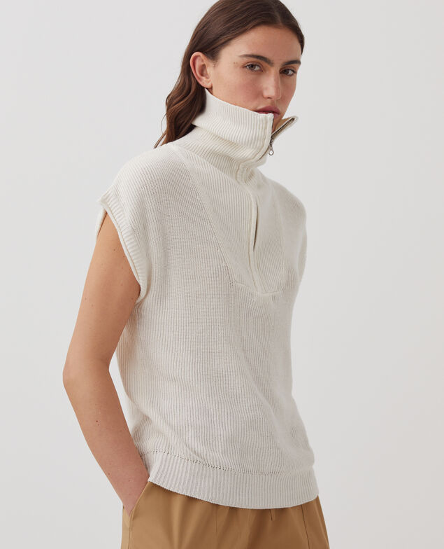 Ärmelloser Pullover mit Reißverschlusskragen aus Leinen H303 white swan