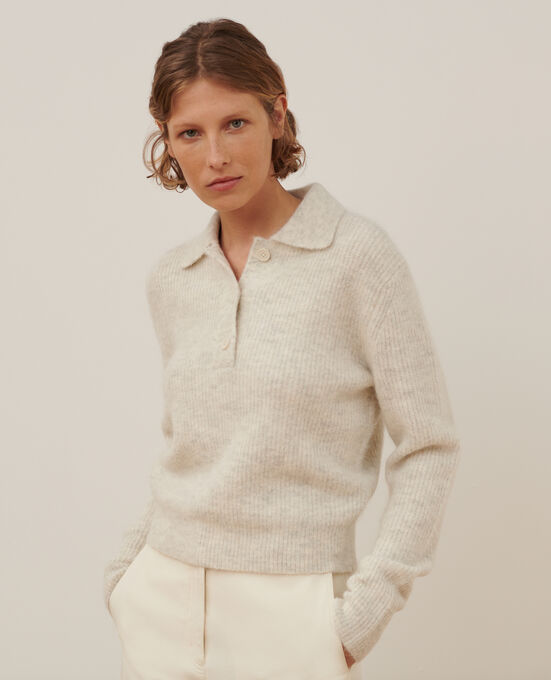 Pullover mit Polokragen aus Alpakamischwolle A009 WHITE KNIT