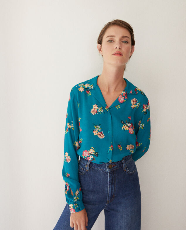 Bluse mit Pyjamakragen Fleurs pacific green