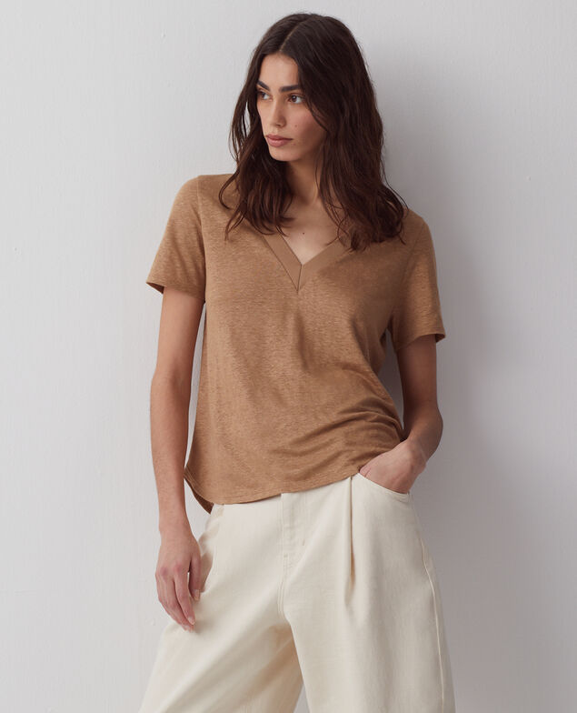 SARAH - T-Shirt mit V-Ausschnitt aus Leinen H330 tiger's eye