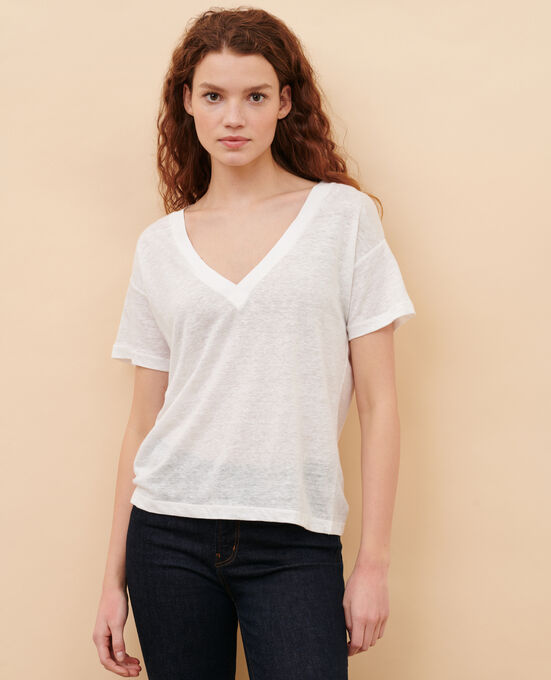 SARAH - T-Shirt mit V-Ausschnitt aus Leinen OPTICAL WHITE
