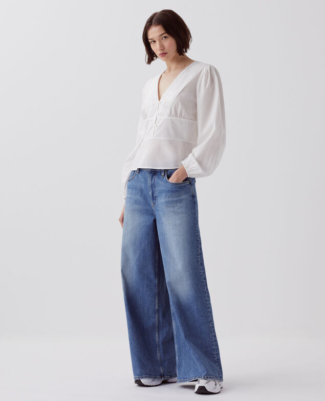 Bluse mit V-Ausschnitt aus Baumwolle H013 gardenia