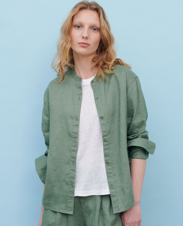 Bluse ohne Kragen aus Leinen 52 green