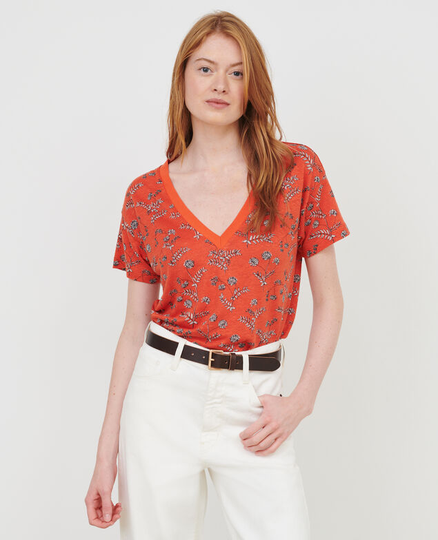 SARAH - T-Shirt mit V-Ausschnitt aus Leinen Coronille spicy Nayeli
