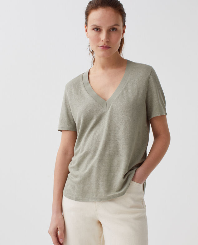 SARAH - T-Shirt mit V-Ausschnitt aus Leinen H050 vetiver