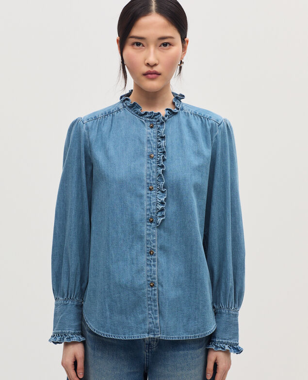 Bluse mit Volantkragen aus Baumwolle J621 light blue