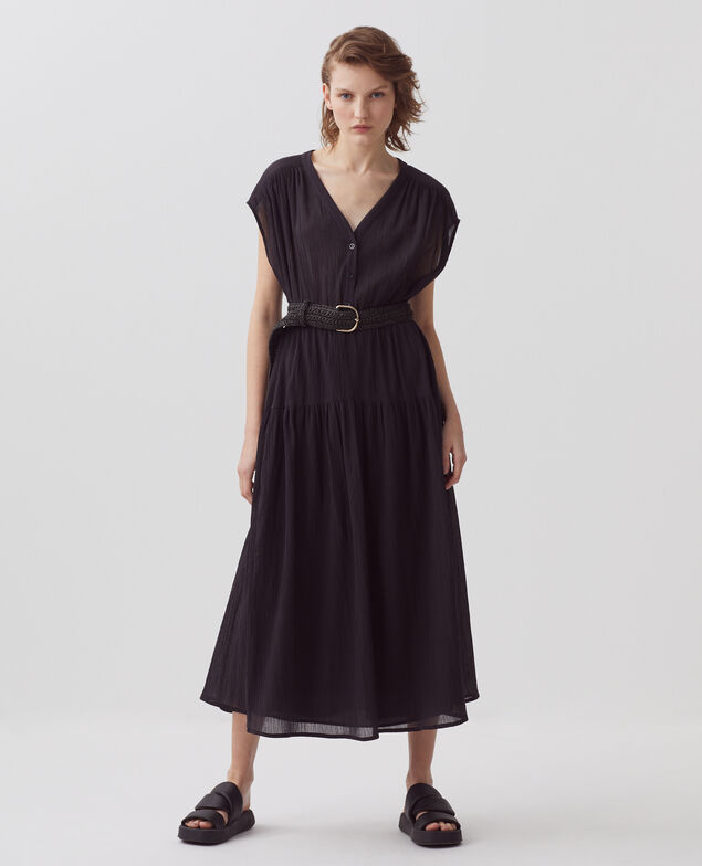 Langes Kleid aus Plissee-Baumwolle H091 black beauty