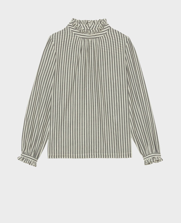 Bluse aus gestreiftem Seidenvoile mit Volantkragen Stripe grey offwhite