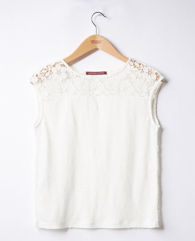 Leinen-T-Shirt mit Spitzenrücken Off white