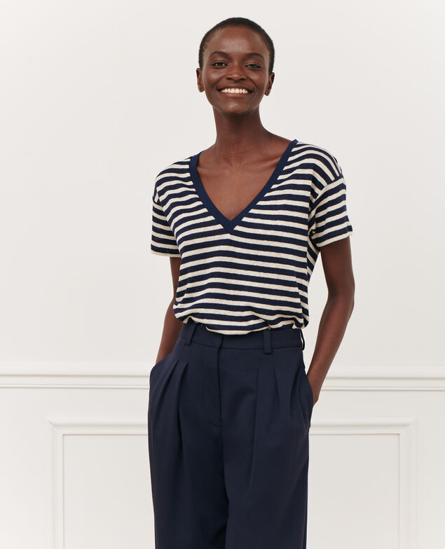 SARAH - T-Shirt mit V-Ausschnitt aus Leinen 123 stripes heather