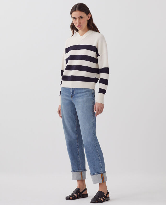 Marinepullover aus Merinowolle mit V-Ausschnitt J682 st ecru navy