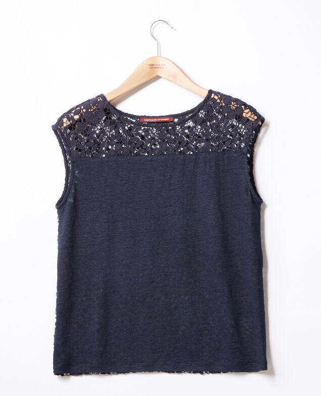 Leinen-T-Shirt mit Spitzenrücken Navy