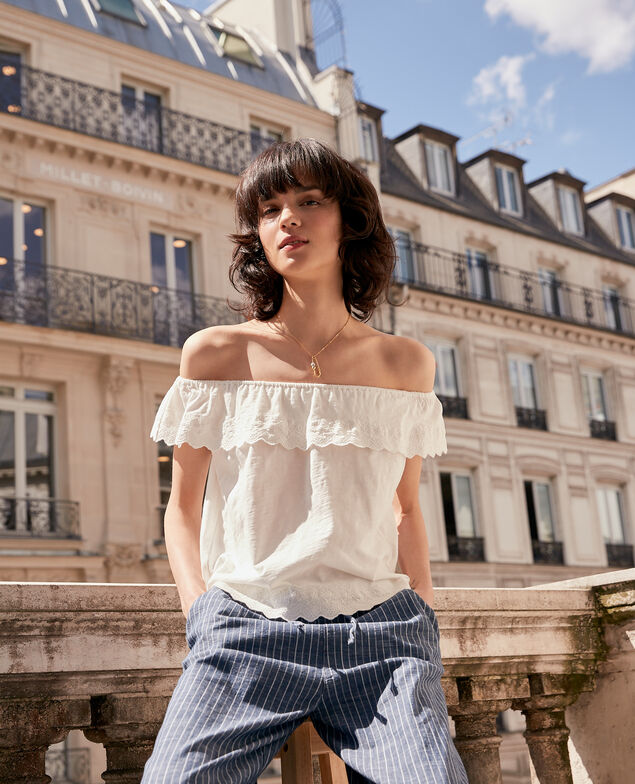 Top mit bestickter Dehnband-Rüsche Off white