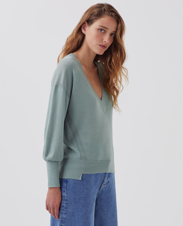 Pullover mit V-Ausschnitt aus Wolle und Seide J620 slate blue