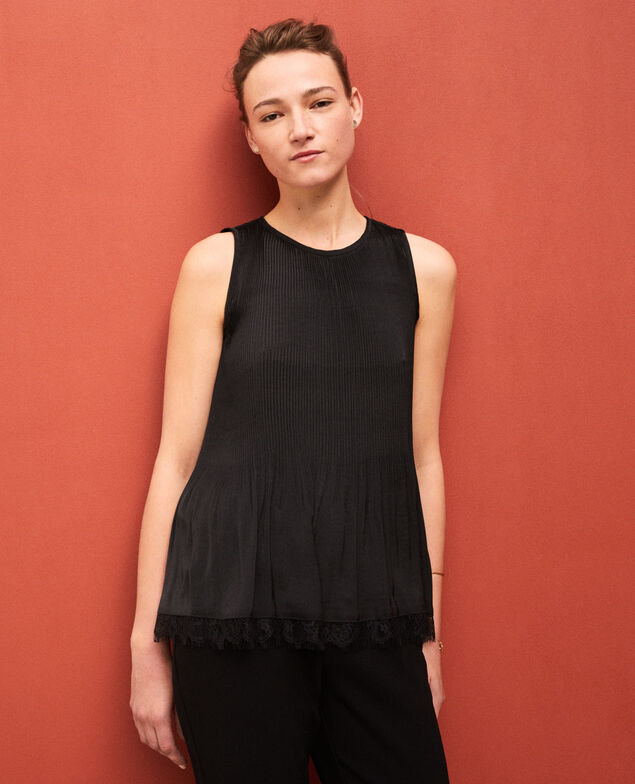 Plissee-Bluse mit Spitze Schwarz