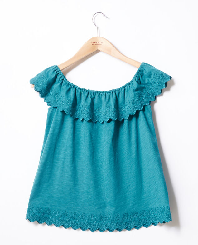 Top mit bestickter Dehnband-Rüsche Pacific green