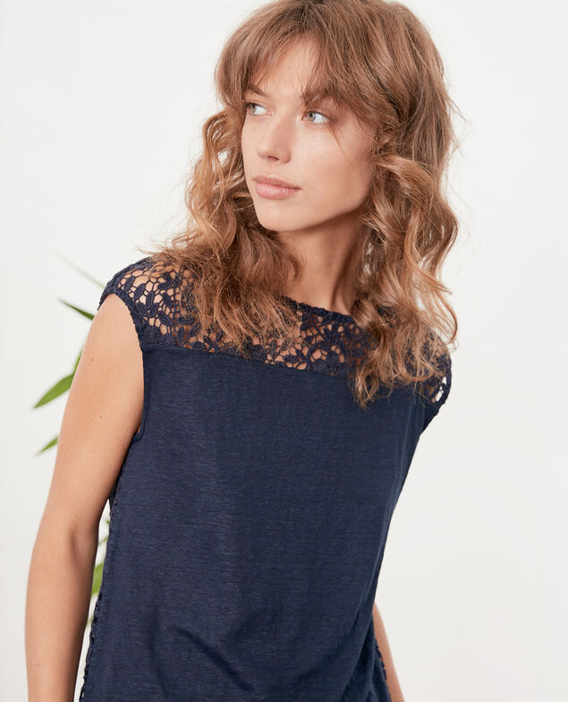 Leinen-T-Shirt mit Spitzenrücken Navy