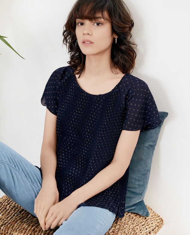 Plissée-Bluse Ring dots marine