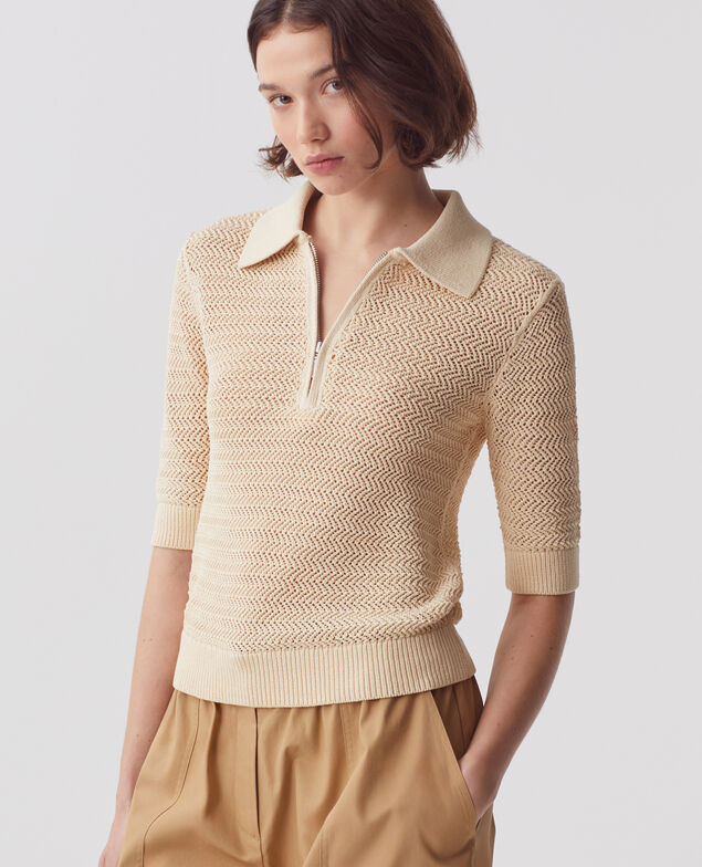 Baumwollpullover mit Polokragen mit Reißverschluss J300 natural