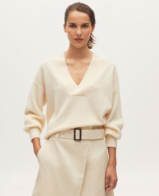 Pullover mit V-Ausschnitt aus Kaschmir K300 ecru beige