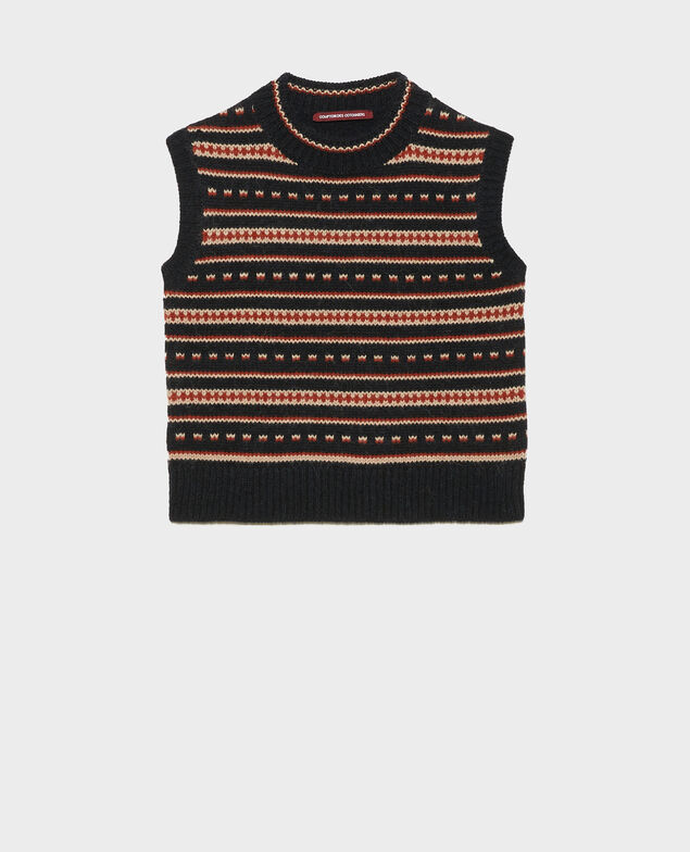 Ärmelloser Jacquard-Pullover aus Alpaka-Wolle Black brandy lighttaupe jacquard
