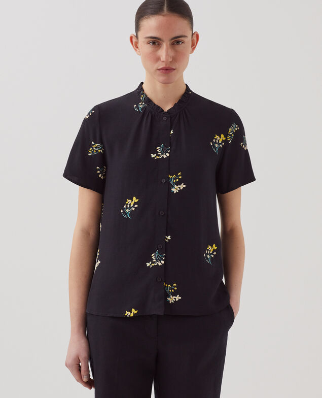 Fließend fallendes Kurzarm-Hemd J091 fl bouquet black