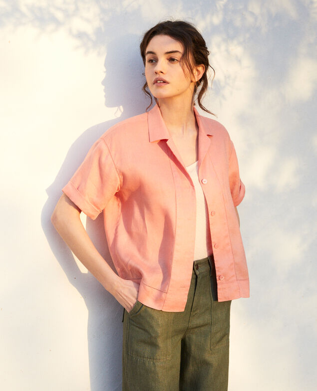 Bluse mit offenem Kragen aus Leinen Salmon pink