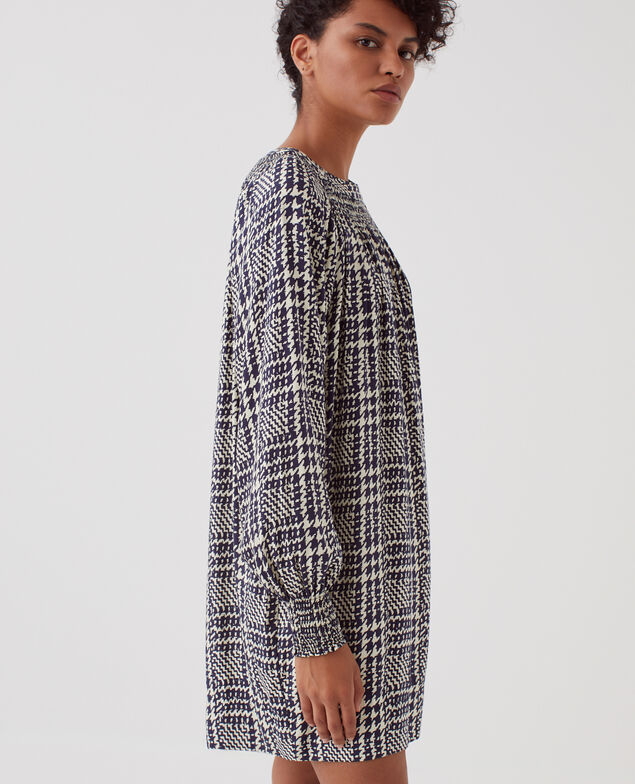 Kurzes, fließend fallendes Langarmkleid I681 houndstooth ble