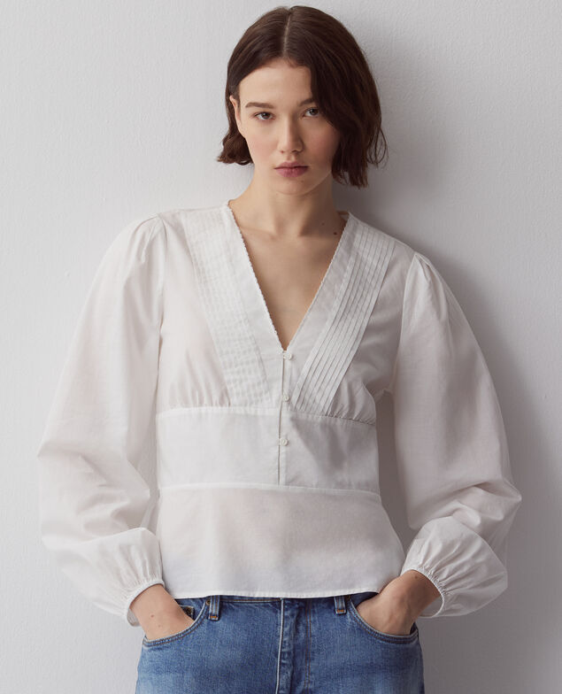 Bluse mit V-Ausschnitt aus Baumwolle H013 gardenia