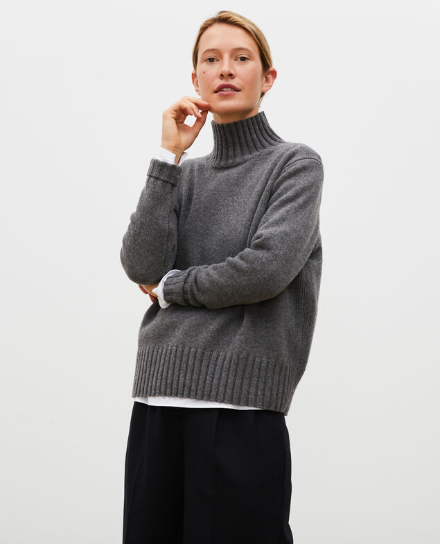 Wollpullover mit Stehkragen und breitem Rippstrick Medium grey melange