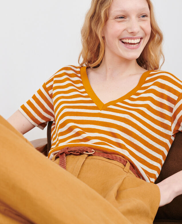 SARAH - T-Shirt mit V-Ausschnitt aus Leinen 122 stripes pumpkin