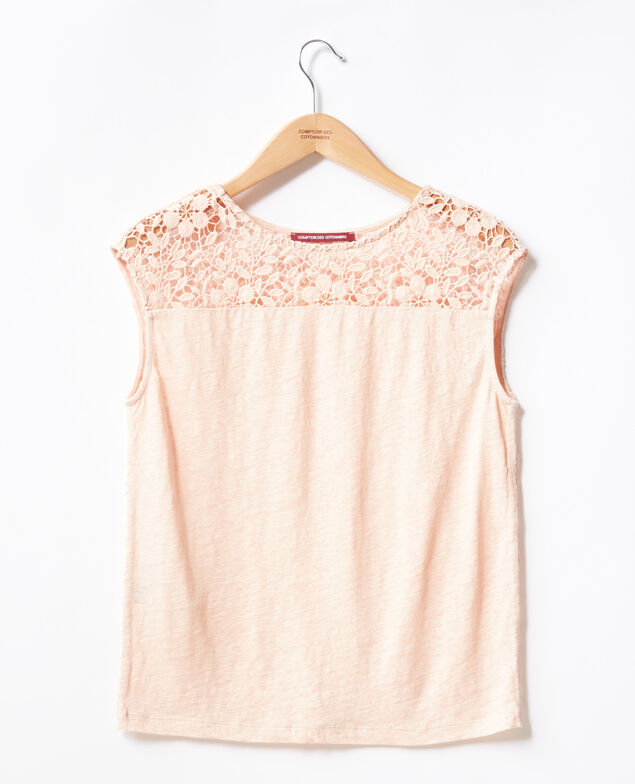 Leinen-T-Shirt mit Spitzenrücken Nude