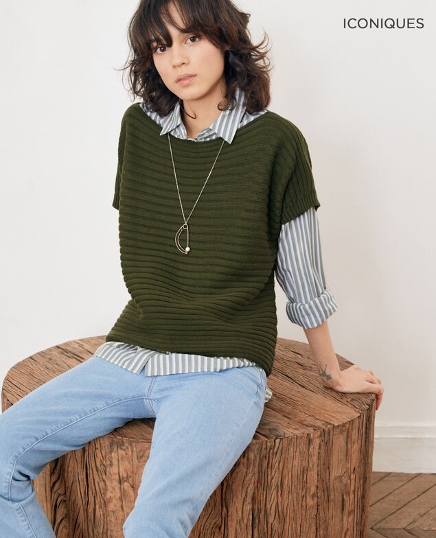 Nahtloser Rippstrickpullover mit kurzen Ärmeln Laurel green