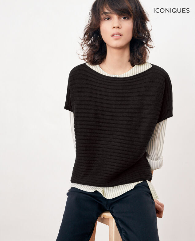 Nahtloser Rippstrickpullover mit kurzen Ärmeln Noir