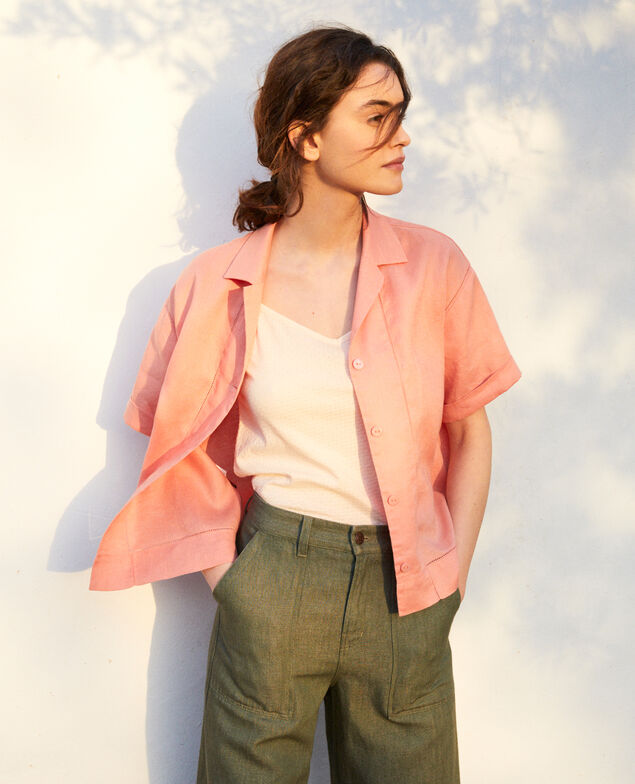 Bluse mit offenem Kragen aus Leinen Salmon pink