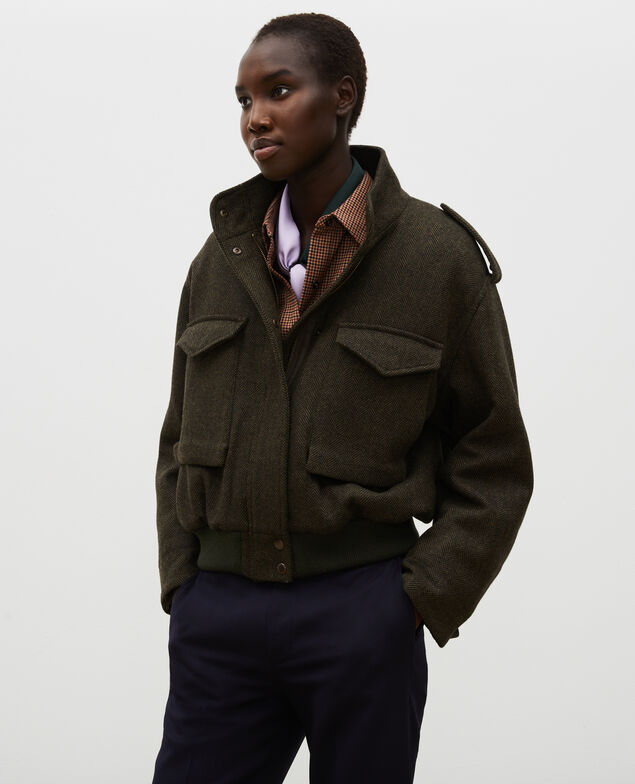 Bomberjacke aus Woll-Tweed mit Fischgrätmuster Military green