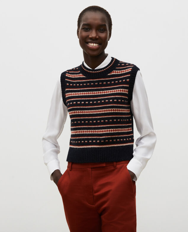 Ärmelloser Jacquard-Pullover aus Alpaka-Wolle Black brandy lighttaupe jacquard