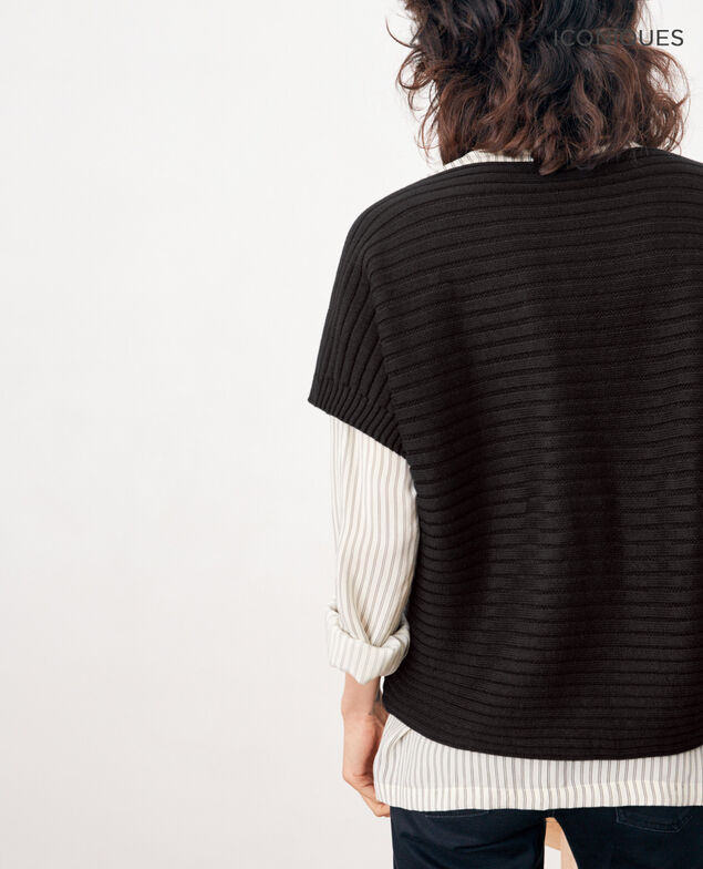 Nahtloser Rippstrickpullover mit kurzen Ärmeln Noir