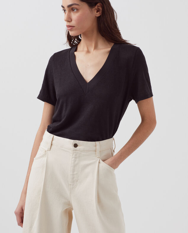 SARAH - T-Shirt mit V-Ausschnitt aus Leinen H091 black beauty