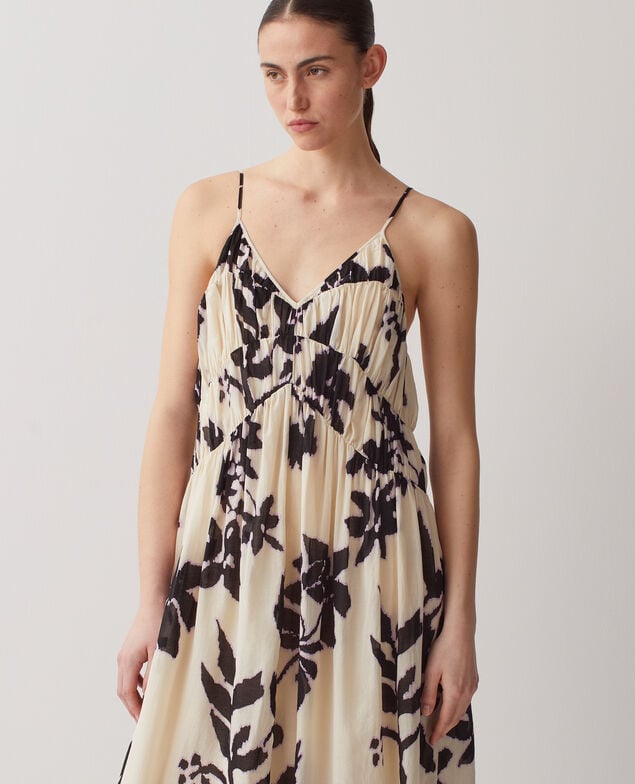Langes, fließend fallendes Trägerkleid aus Baumwollvoile J304 blurry fl ecru