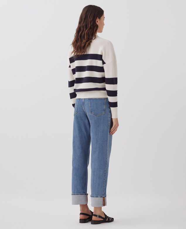 Marinepullover aus Merinowolle mit V-Ausschnitt J682 st ecru navy