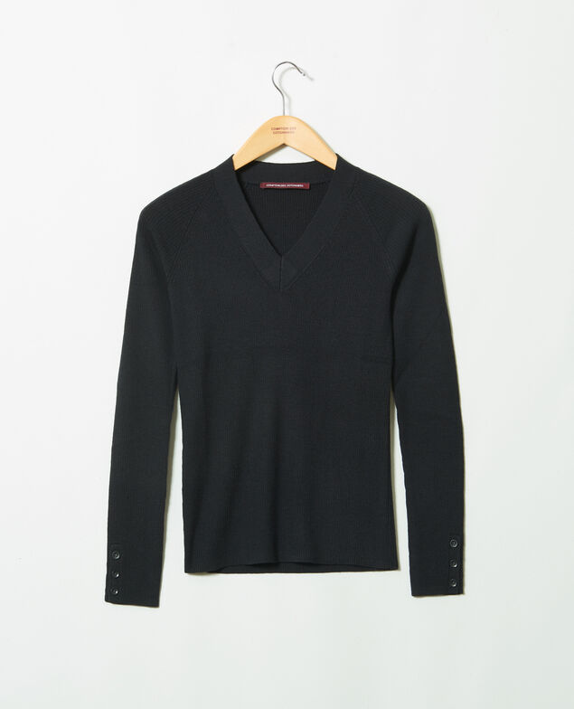 Pullover mit V-Ausschnitt 100% Merinowolle Noir