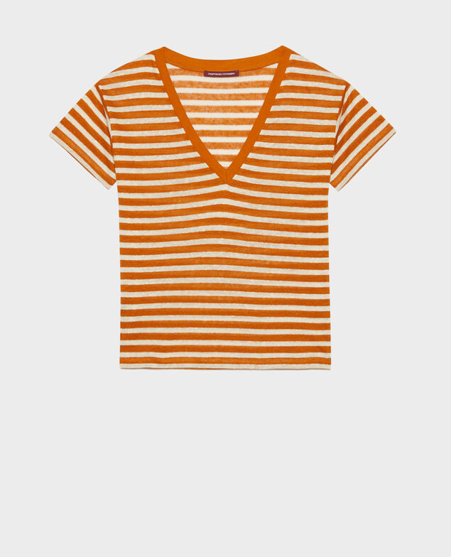 SARAH - T-Shirt mit V-Ausschnitt aus Leinen 122 stripes pumpkin